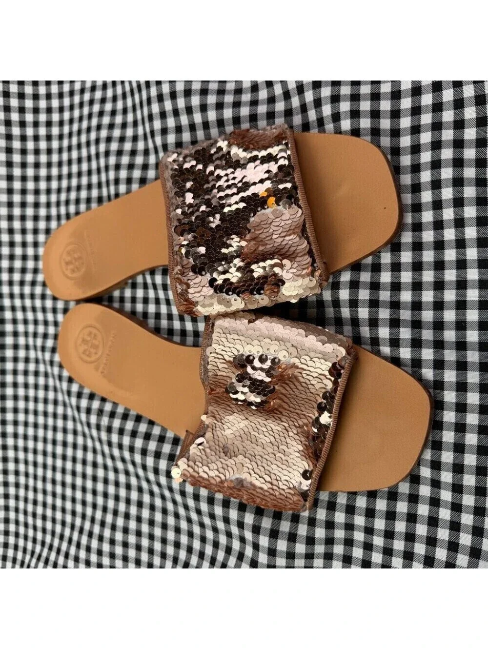Tory Burch Carter Reversible Sequin Slide Sandals Rose Gold Slides Women's 8